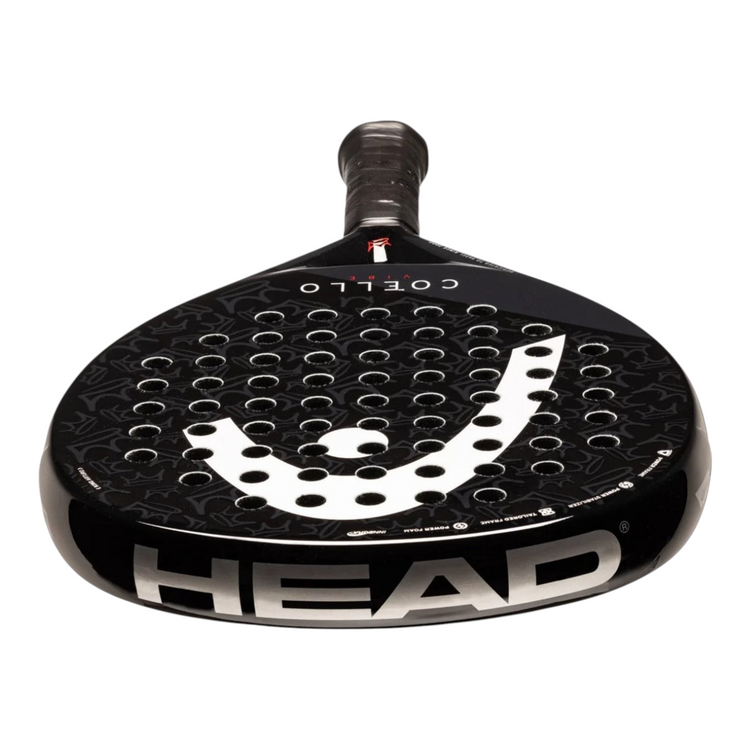 Pala de padel Radach Sports Head Arturo Coello Vibe 2025 en color negro con forma de lagrima y detalles en blanco