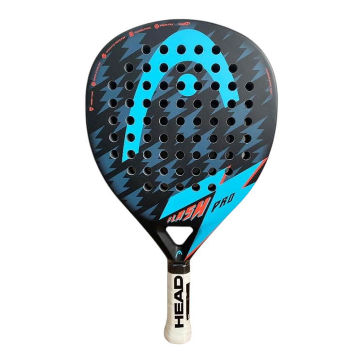 Pala de padel Radach Sports Head Flash Pro 2022 en forma de lágrima, color azul y negro con detalles naranjas.