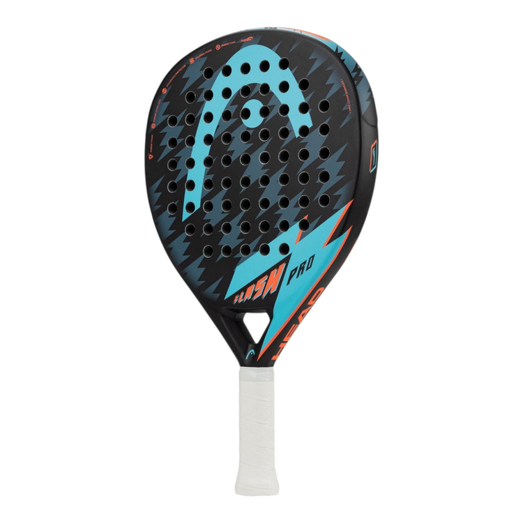 Pala de padel Radach Sports Head Flash Pro 2022 en forma de lágrima, color negro con detalles en azul y naranja.