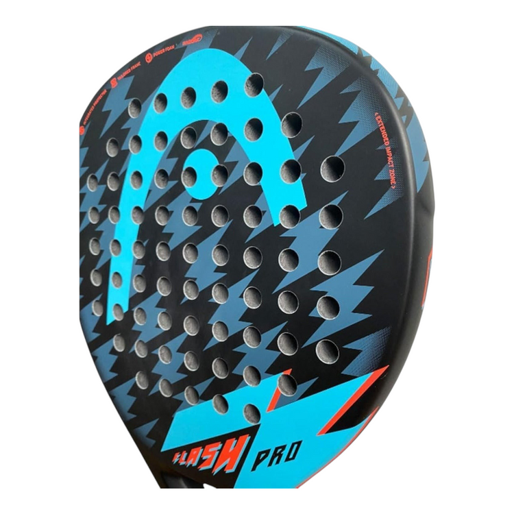 Pala de padel Radach Sports Head Flash Pro 2022 en forma de lágrima, color negro con detalles en azul y naranja.