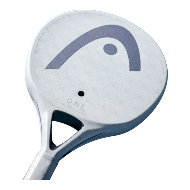 Pala de pádel Radach Sports Head One Ultralight blanca de 300g con superficie de carbono 12K y diseño redondo.