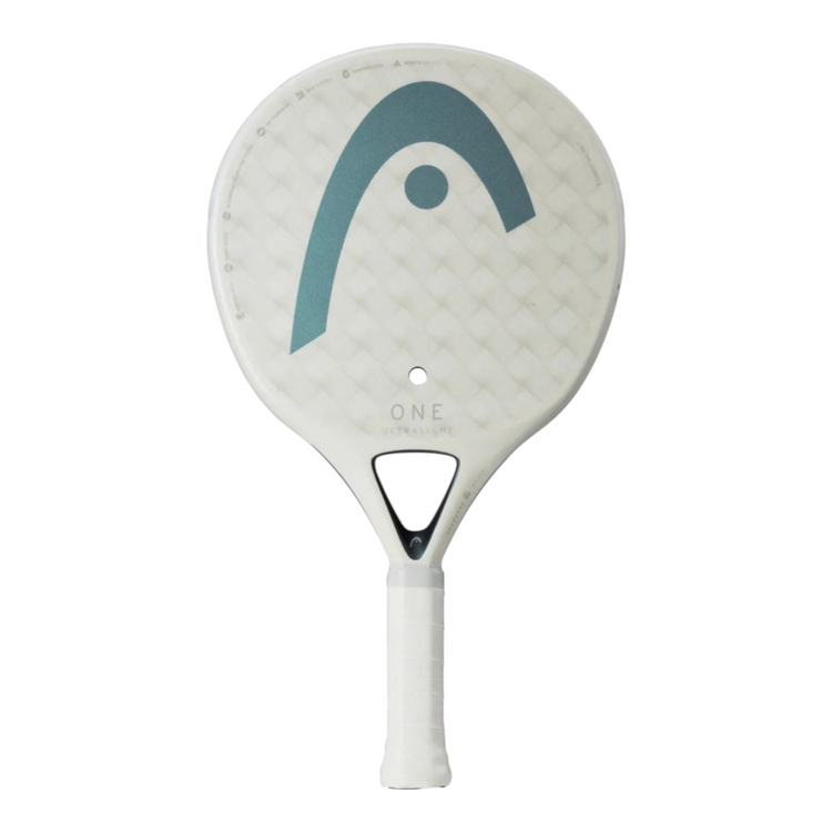 Pala de pádel Radach Sports Head One Ultralight blanca de 300g con forma redonda y superficie de carbono 12K.