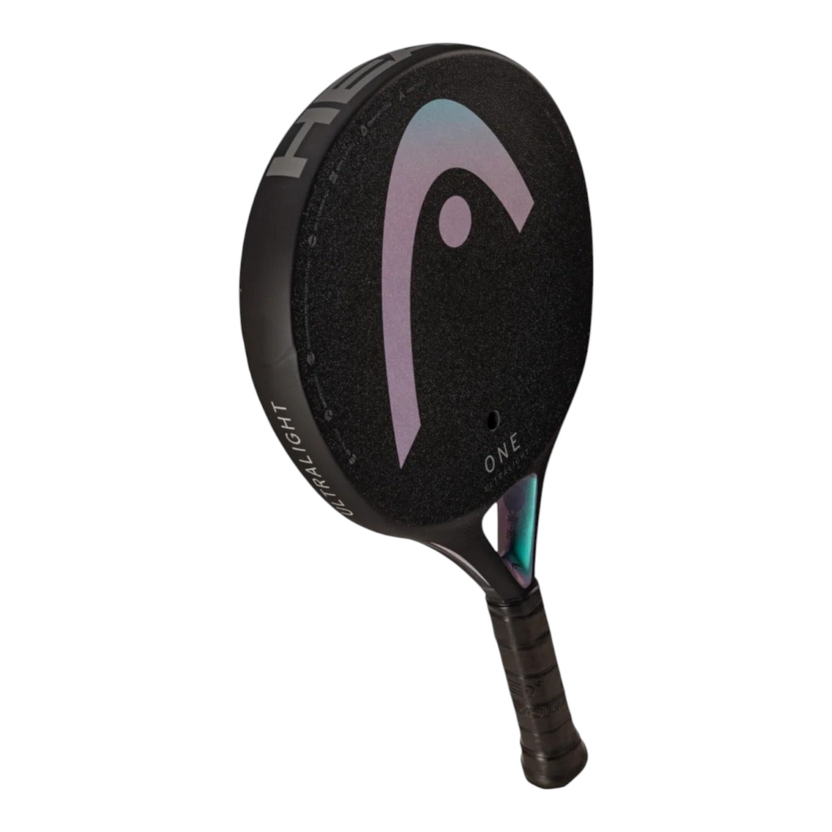 Pala de pádel Radach Sports Head One Ultralight negra de 300g con superficie de carbono 12K y diseño redondo.