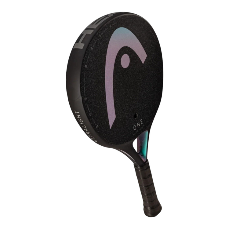 Pala de pádel Radach Sports Head One Ultralight negra de 300g con superficie de carbono 12K y diseño redondo.