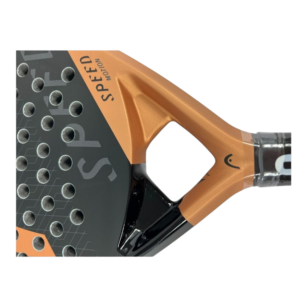 Pala de padel Radach Sports Head Speed Motion 2023 con diseño en negro y detalles en cobre, forma de lágrima.
