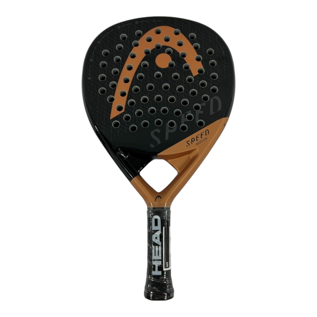 Pala de padel Radach Sports Head Speed Motion 2023 en forma de lagrima, color negro y cobre con acabado hibrido.
