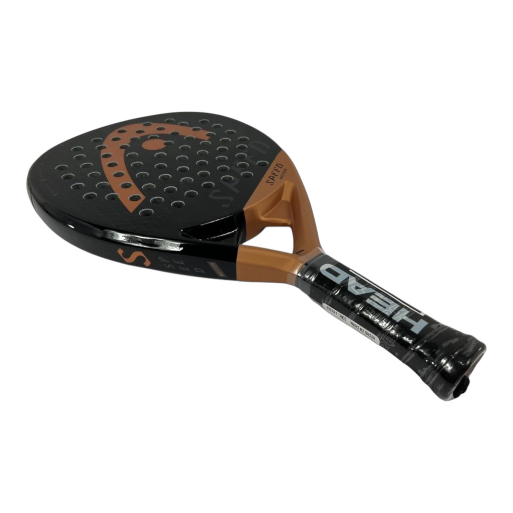 Pala de pádel Radach Sports Head Speed Motion 2023 en forma de lágrima, color negro y cobre, diseño moderno y ligero.