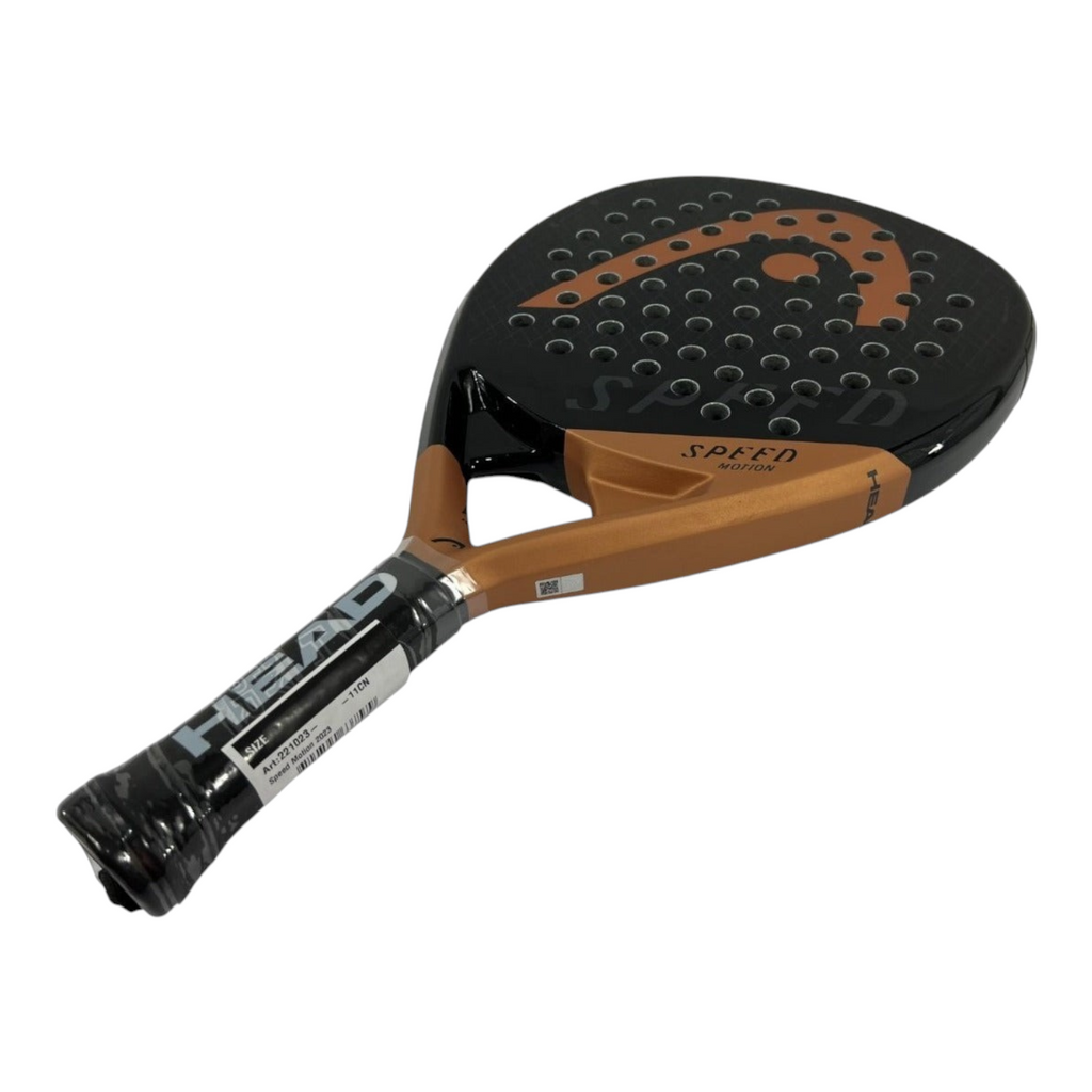 Pala de padel Radach Sports Head Speed Motion 2023 en forma de lagrima, color negro y detalles en cobre