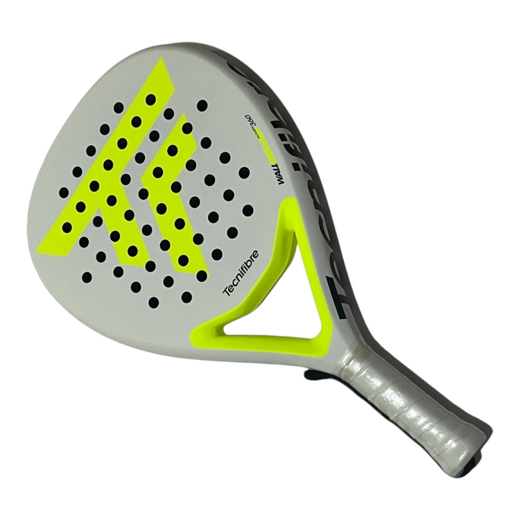 Pala de pádel Radach Sports Tecnifibre Wall Breaker 360 2024 en color blanco y amarillo con forma de lágrima