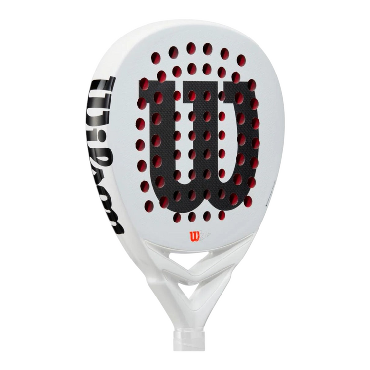 Pala de pádel Radach Sports Wilson Bela LT V2.5 blanca con forma de lágrima, fibra de carbono y núcleo EVA soft.