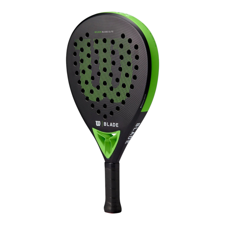 Pala de padel Radach Sports Wilson Blade Elite V2 en color negro y verde con forma de lágrima y superficie texturizada