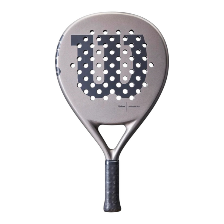 Pala de padel Radach Sports Wilson Carbon Force en color gris con forma de lagrima y construccion hibrida