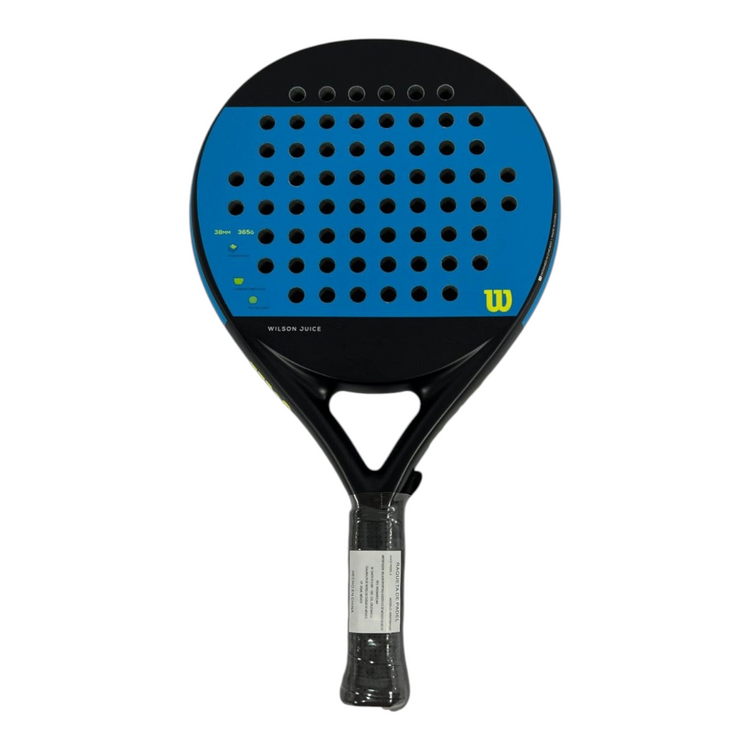 Pala de padel Radach Sports Wilson Juice redonda en color negro y azul con cara de fibra de carbono