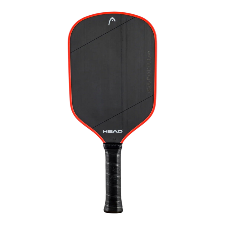 Pala de pickleball Radach Sports Head Radical Tour EX Raw 2024 con superficie de carbono negro y borde rojo