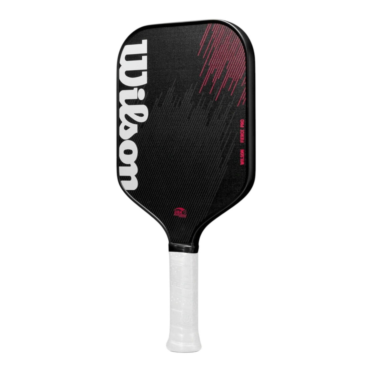 Pala de pickleball Radach Sports Wilson Fierce Pro de 220g en color negro con detalles en rosa y mango blanco