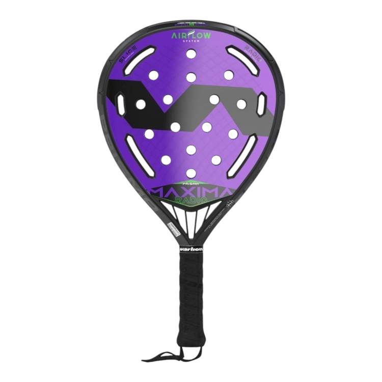 Paleta de pádel Radach Sports Maxima Summum Prisma Radio en color violeta y negro con diseño de lágrima y perforaciones