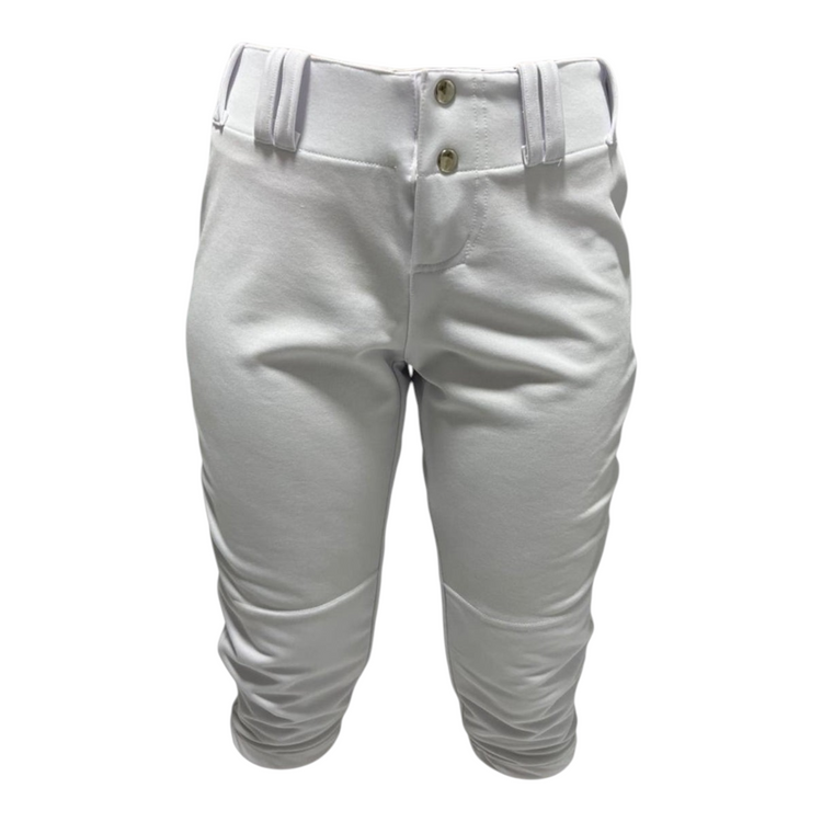 Pantalón corto de softbol para dama Radach Sports en color blanco con cintura elástica y trabillas para cinturón