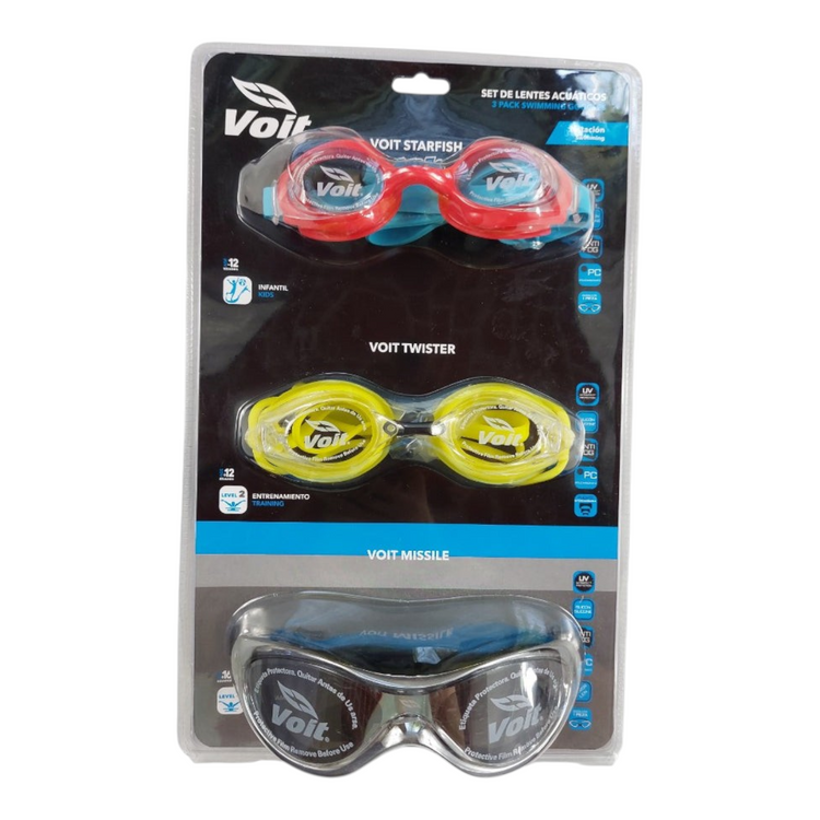 Paquete de 3 goggles de natación Radach Sports con modelos Starfish, Twister y Missile de policarbonato ajustable