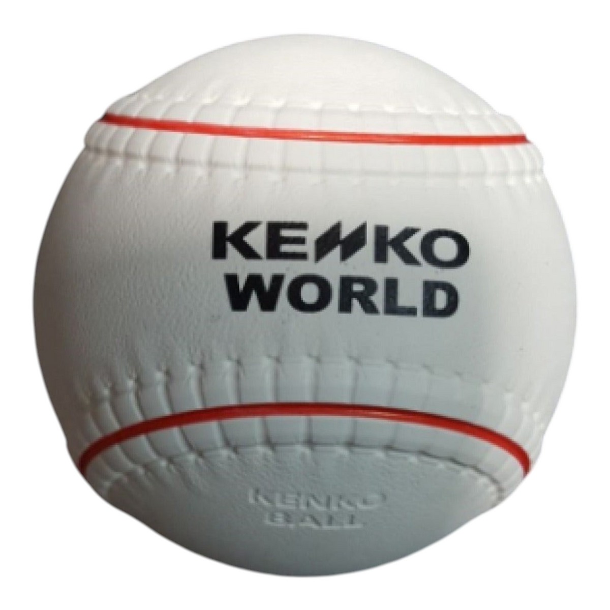 Pelota de beisbol infantil Radach Sports Kenko World blanca con costuras rojas y logo negro