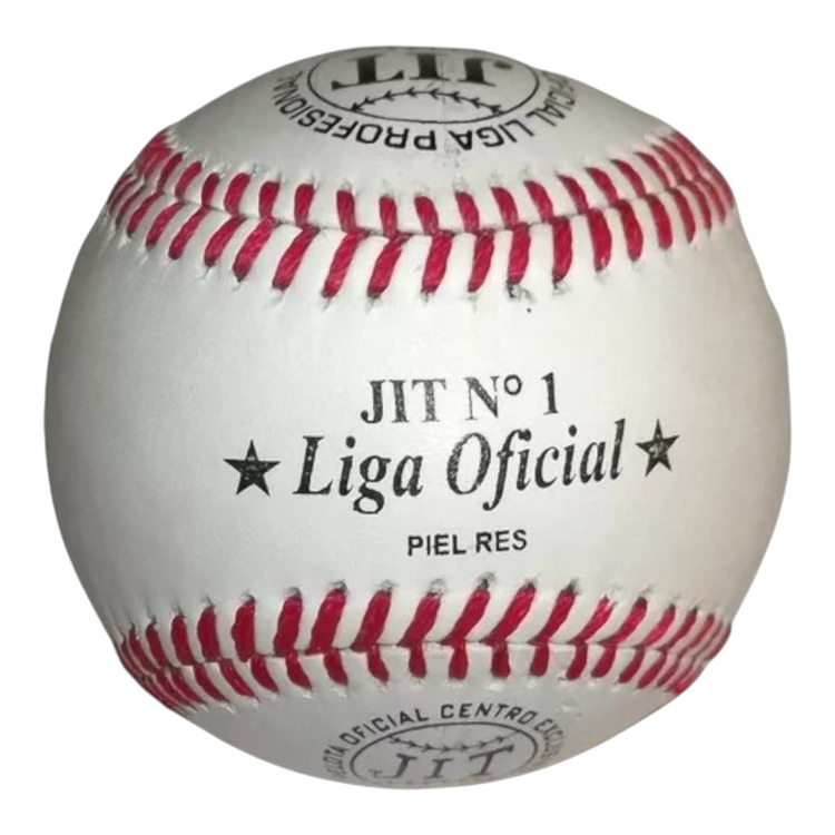 Pelota de béisbol Radach Sports JIT N° 1 de piel de res blanca con costuras rojas, ideal para práctica oficial.