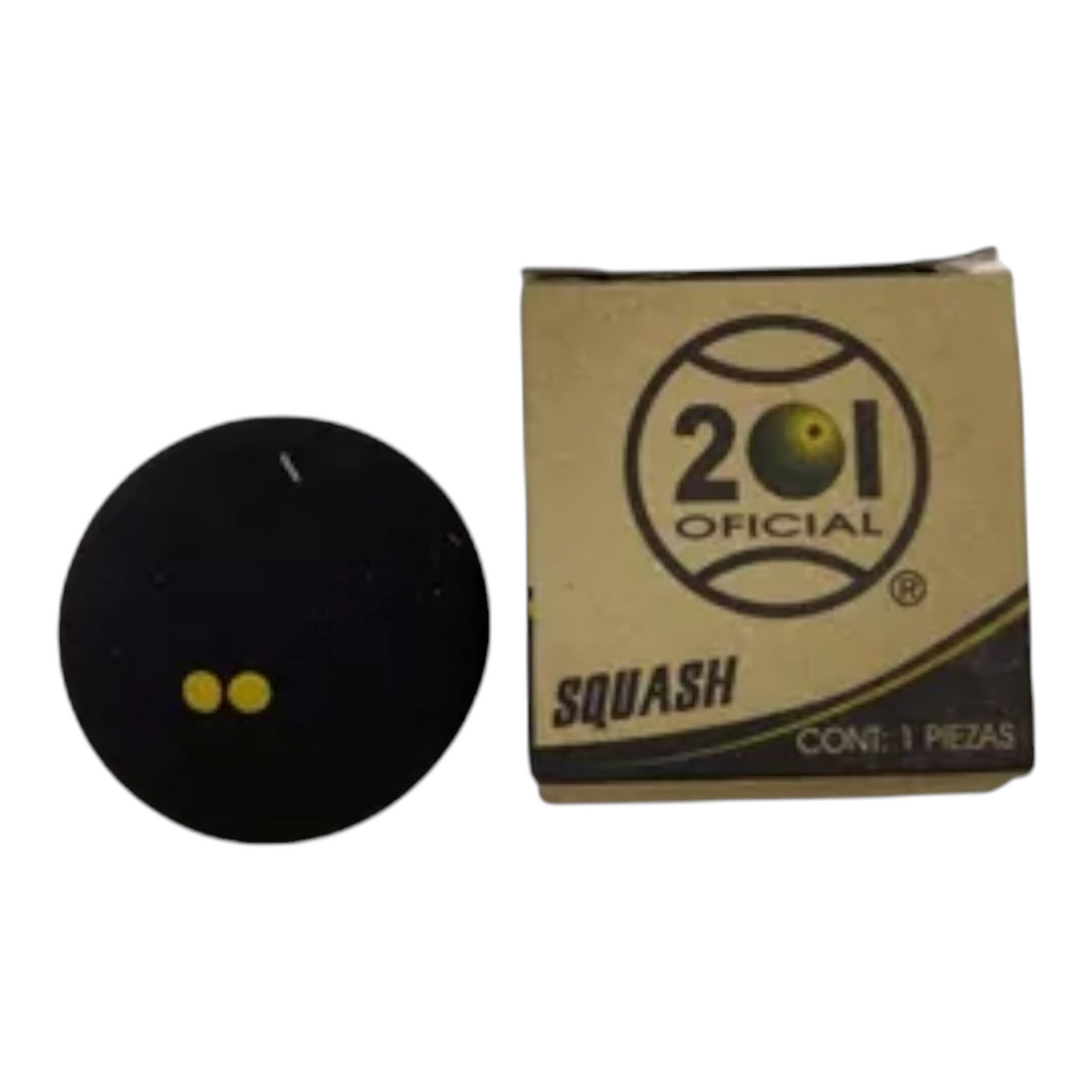 Pelota de squash negra Radach Sports 201 Xtreme con dos puntos amarillos junto a su caja de empaque original