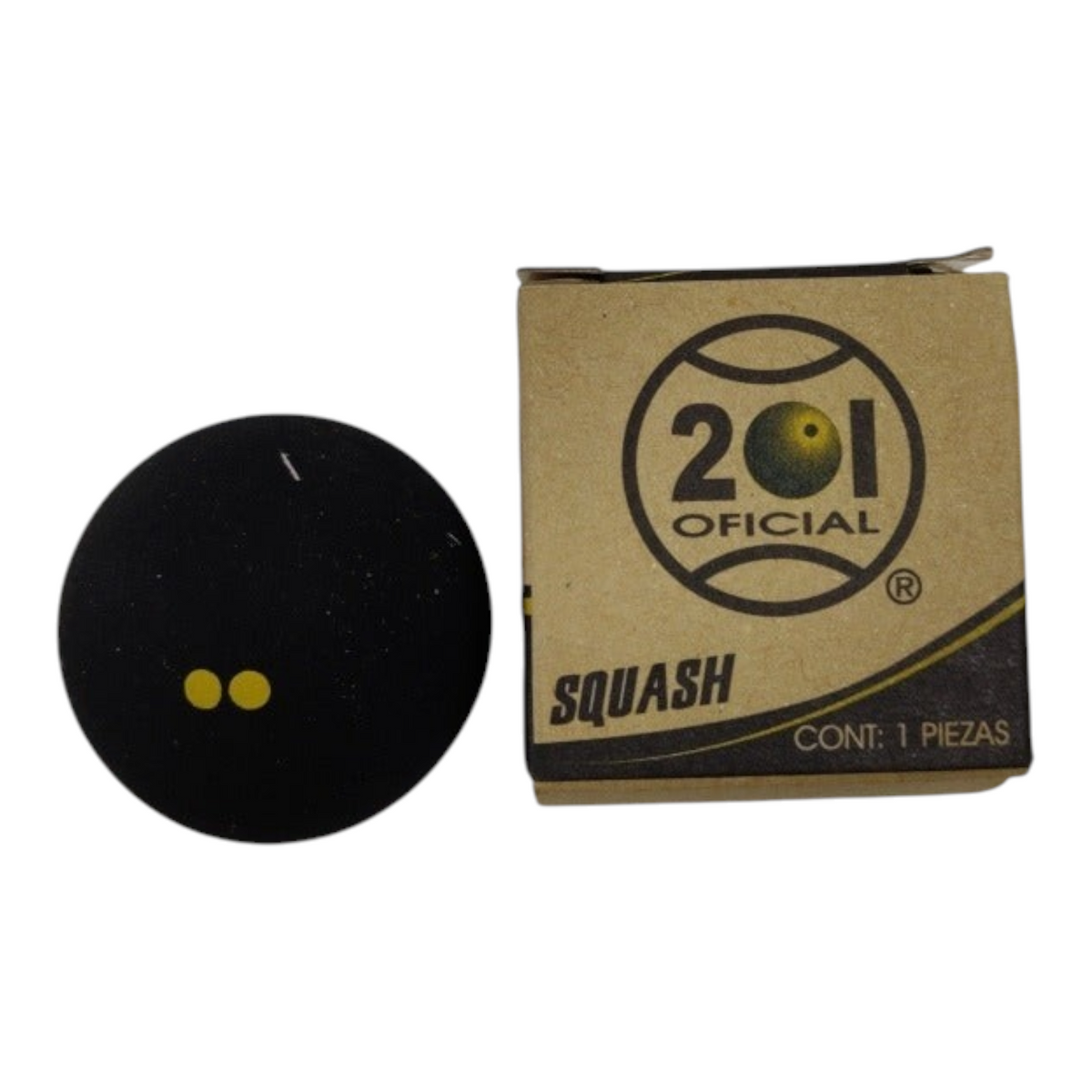 Pelota de squash negra Radach Sports 201 Xtreme con dos puntos amarillos junto a su caja de cartón original