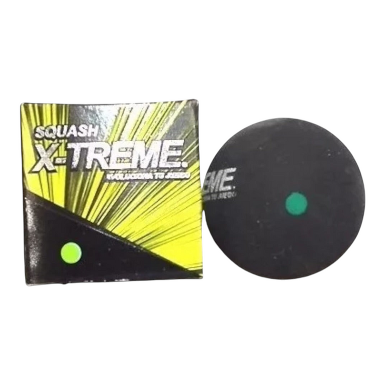 Pelota de squash Radach Sports 201 Xtreme de color negro con punto verde y su caja de empaque original