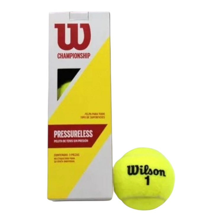 Pelota de tenis Wilson amarilla junto a su tubo de cartón oficial de Radach Sports para todo tipo de superficies