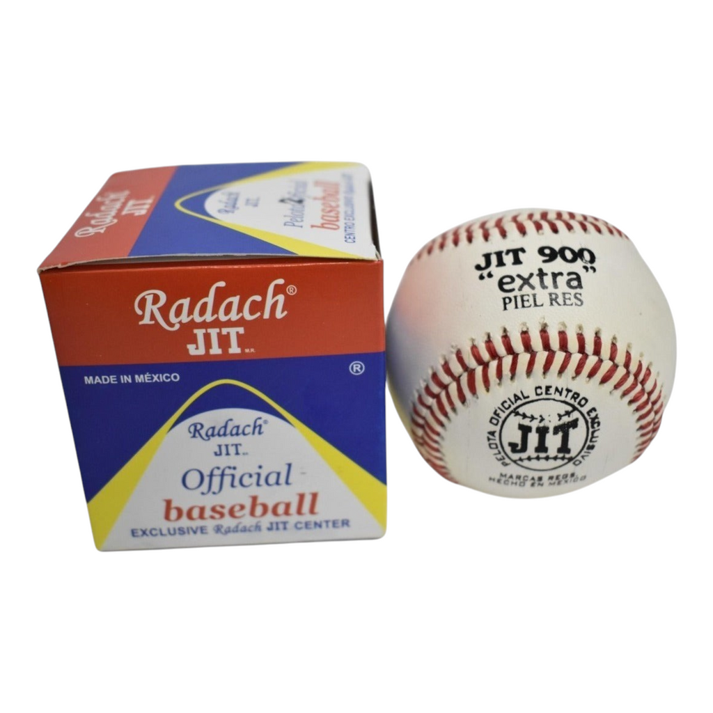 Pelotas de beisbol Radach Sports Jit 900 de piel blanca con costuras rojas junto a su caja original