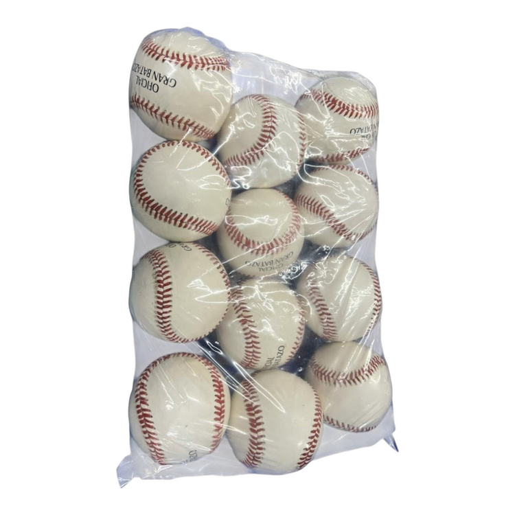 Docena de pelotas de beisbol Radach Sports para practica con costuras rojas en empaque plastico transparente