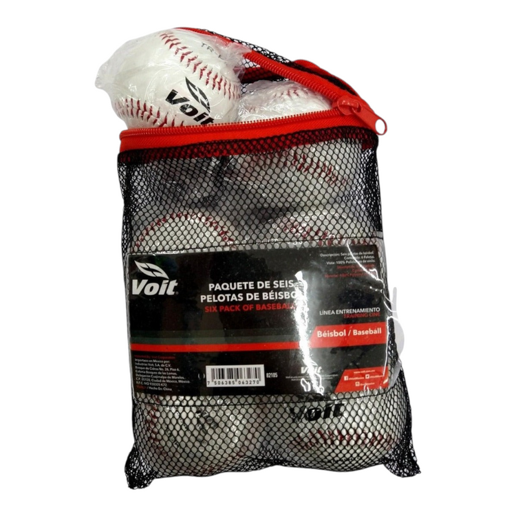 Pack de 6 pelotas de beisbol Voit de piel sintetica para entrenamiento en bolsa de malla negra con cierre rojo