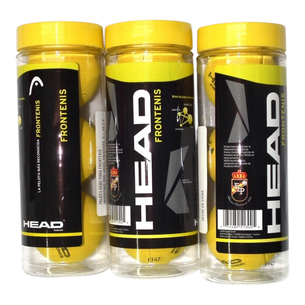 Tres botes de pelotas de frontenis amarillas marca HEAD de Radach Sports, cada uno con tres unidades de alta calidad.