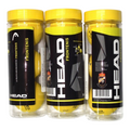 Tres botes de pelotas de frontenis amarillas marca HEAD de Radach Sports, cada uno con tres unidades de alta calidad.