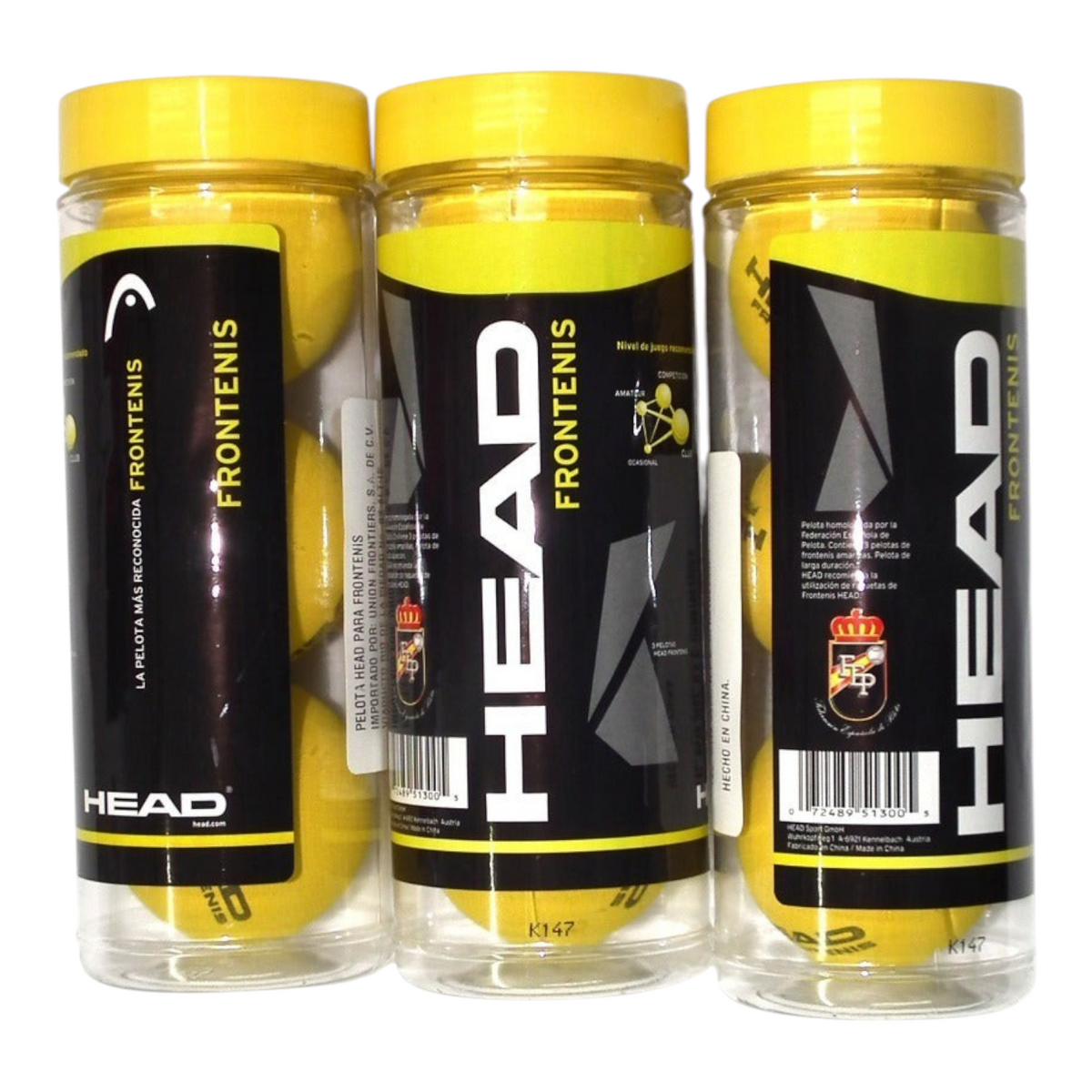 Tres botes de pelotas de frontenis amarillas marca HEAD de Radach Sports, cada uno con tres unidades de alta calidad.