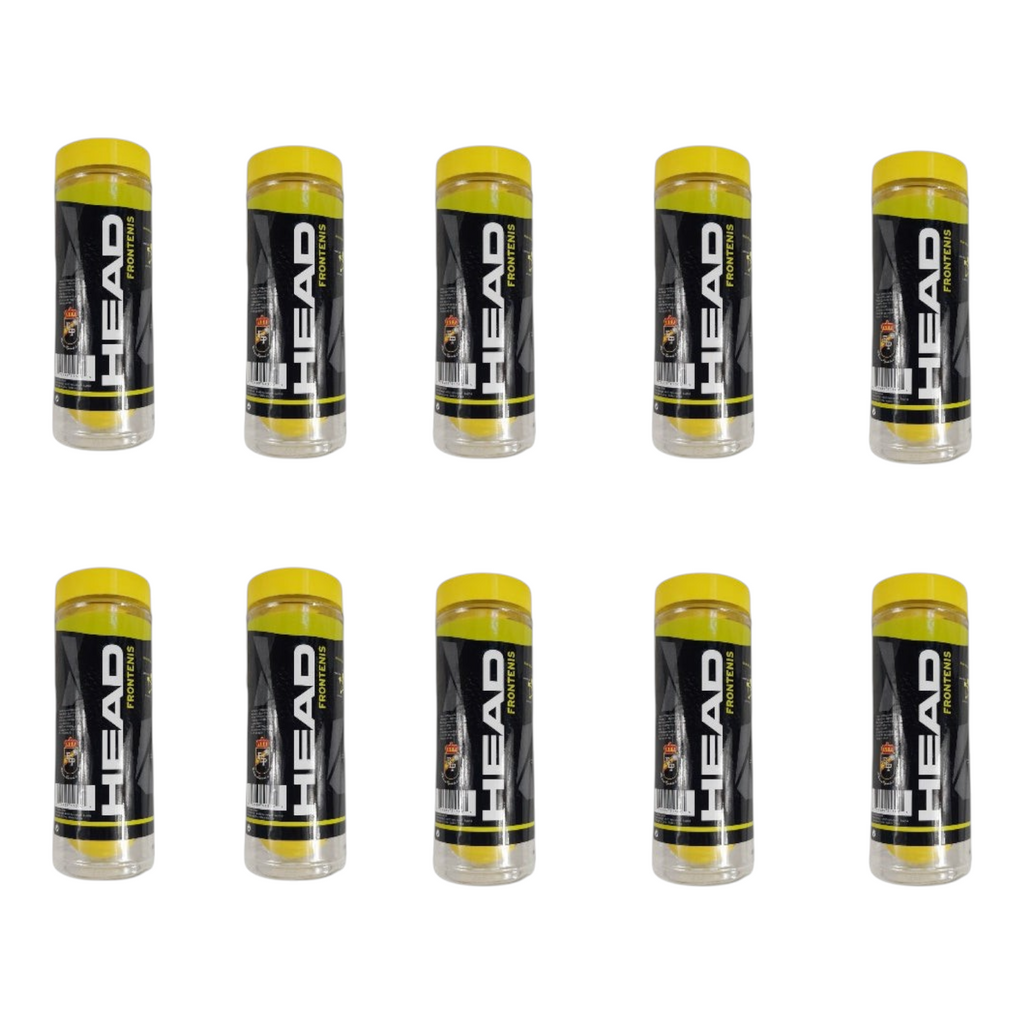 Pack de 10 botes de pelotas de frontenis HEAD con tapa amarilla, ideales para frontón a mano o con raqueta