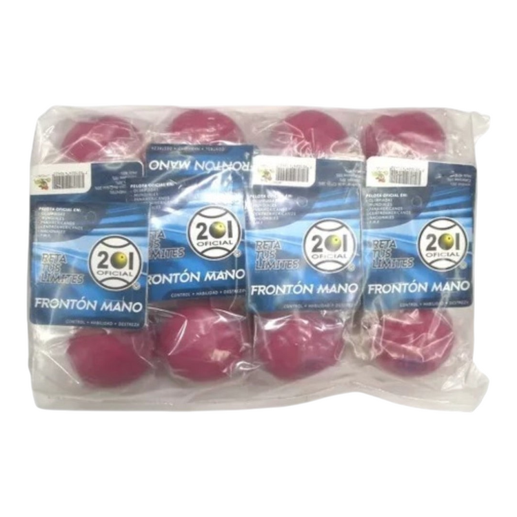 Bolsa de 12 pelotas rojas Radach Sports modelo 201 para frontón mano, empaquetadas en plástico transparente.
