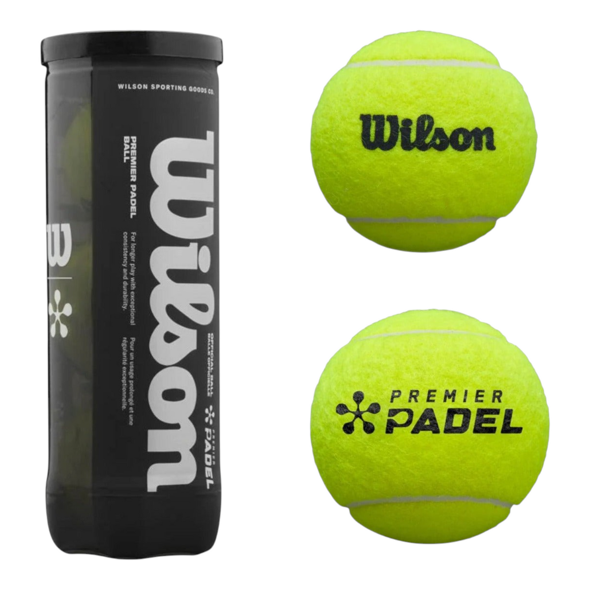 Bote de 3 pelotas de pádel Wilson Premier Padel de color amarillo neón con fieltro Dura-Weave de Radach Sports