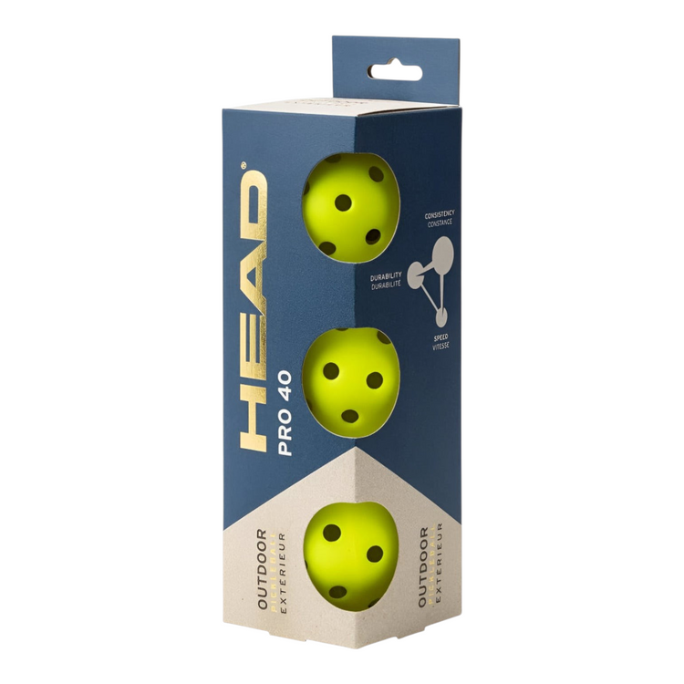 Pack de 3 pelotas de pickleball Head Pro 40 amarillas para exteriores en su caja original de Radach Sports