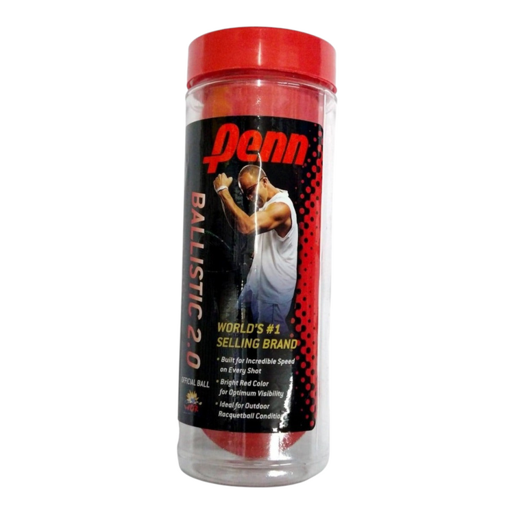 Bote con 3 pelotas de raquetbol Penn Ballistic 2.0 rojas de Radach Sports para alta velocidad y visibilidad