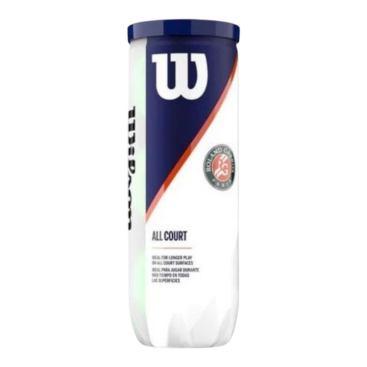 Tubo de pelotas de tenis Wilson Roland Garros All Court de Radach Sports con diseño oficial y tapa azul