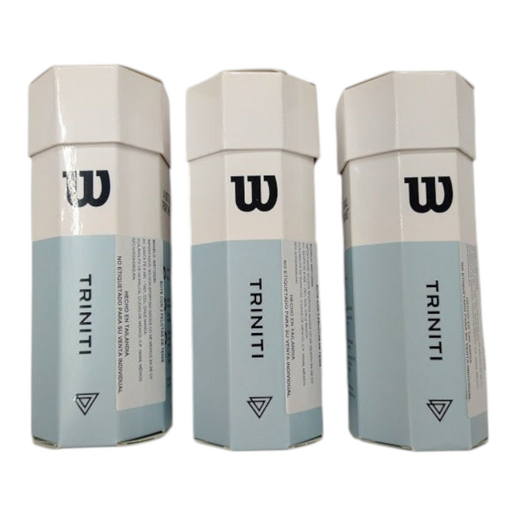 Tres botes octogonales de pelotas de tenis Wilson Triniti sostenibles de Radach Sports en color blanco y azul claro