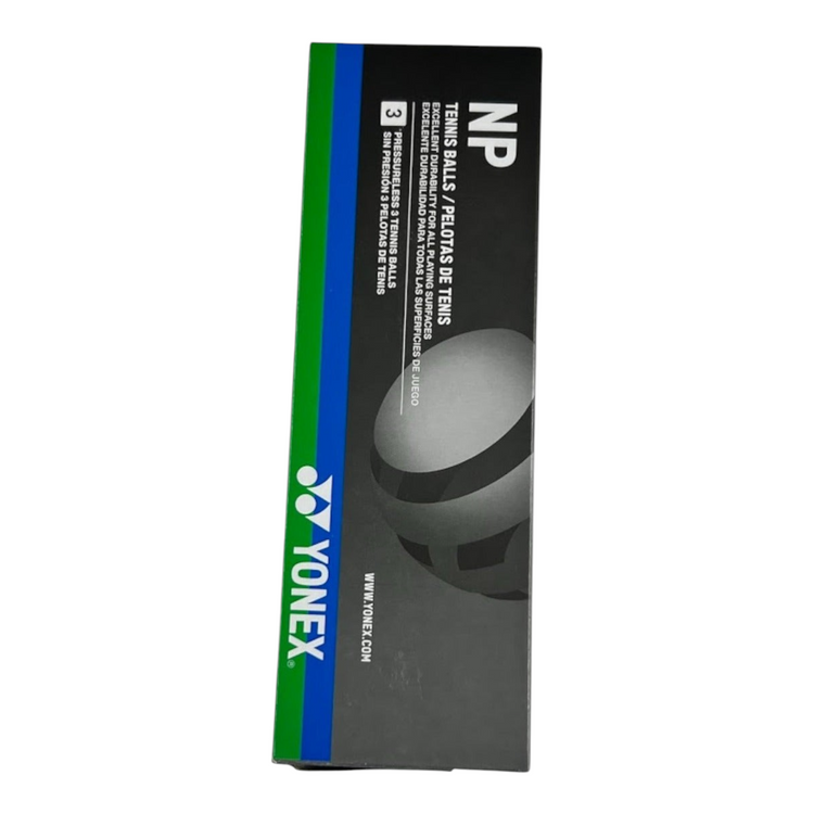 Caja de 3 pelotas de tenis Yonex NP sin presión de Radach Sports con diseño en negro, verde y azul