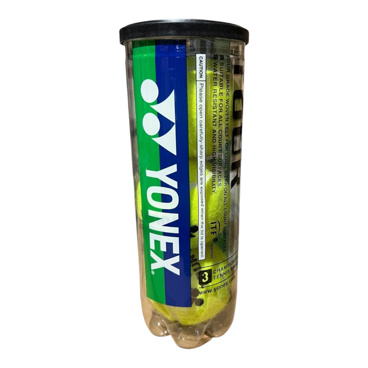 Bote de 3 pelotas de tenis Yonex Tour de Radach Sports, color amarillo neón, aprobadas por la ITF para todo terreno.
