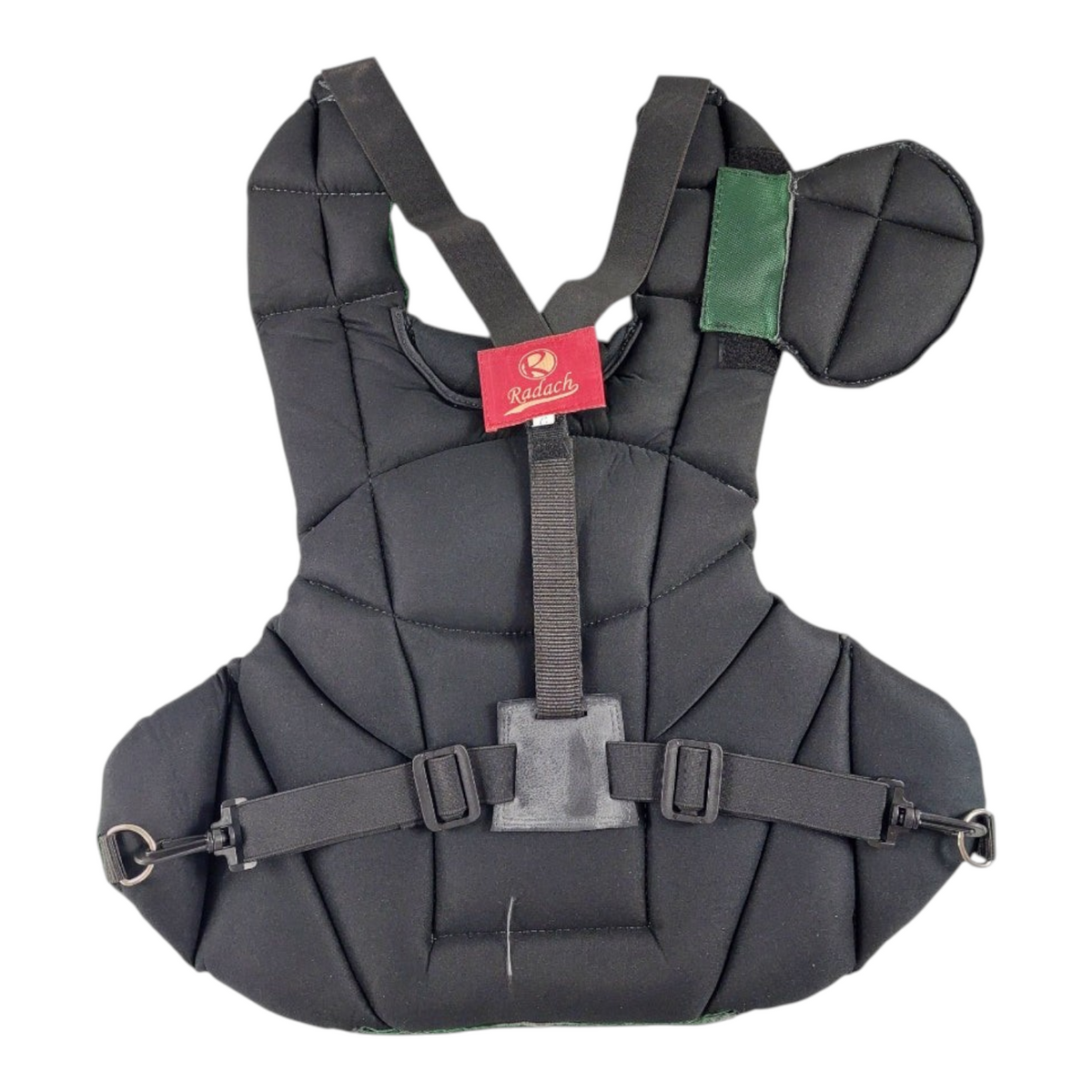 Peto de cátcher Radach Sports para béisbol y softbol en color negro con detalles verdes, talla grande de 44 cm