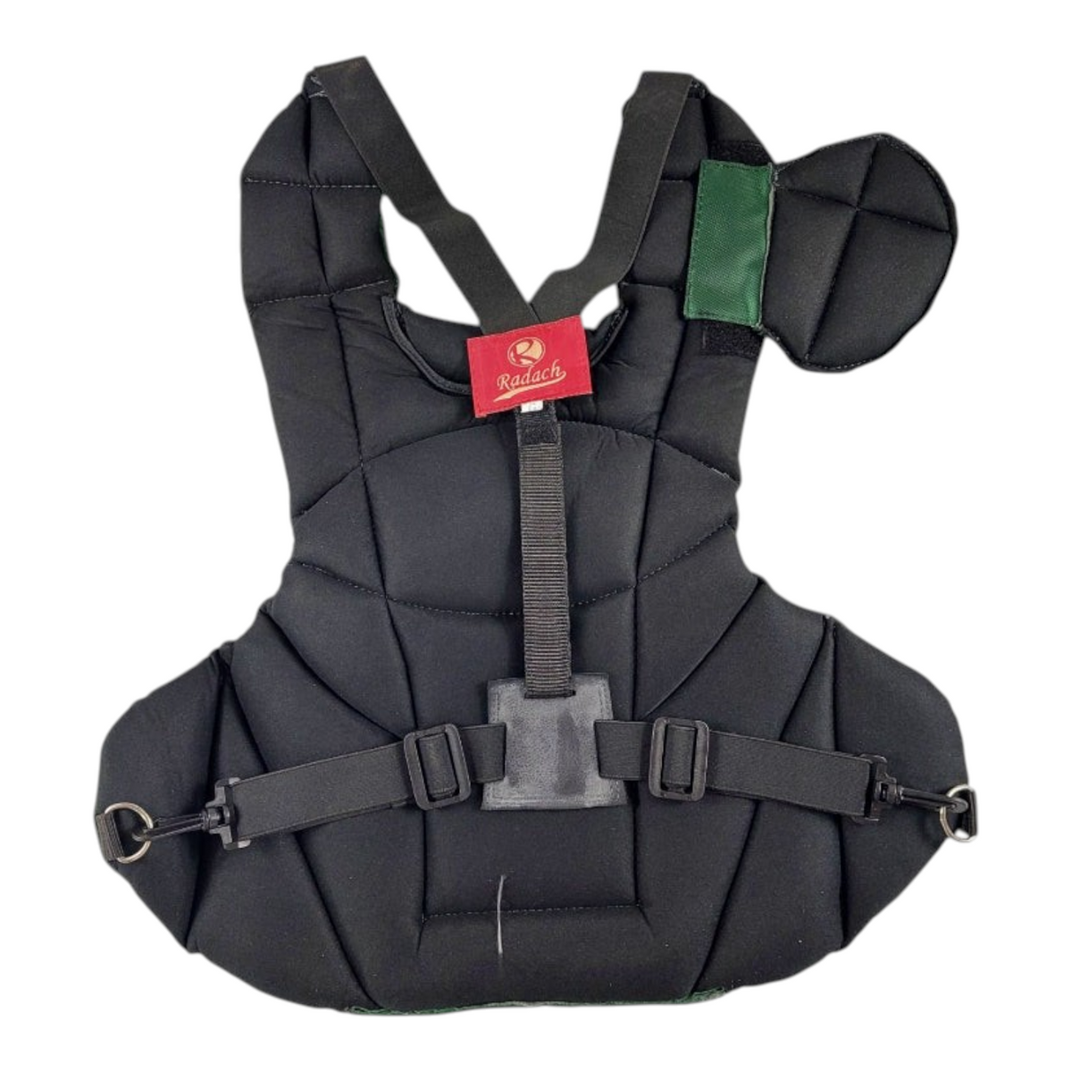 Peto de cátcher Radach Sports para béisbol y softbol en color negro con detalles verdes, talla grande de 44 cm.