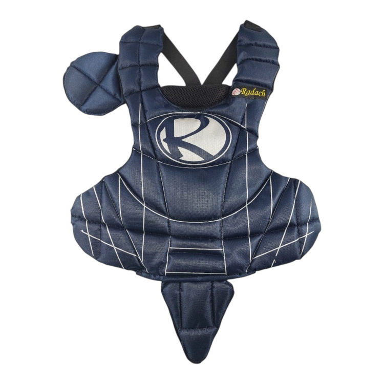 Peto de cátcher Radach Sports infantil en color azul marino con protección de entrepierna para béisbol y softbol