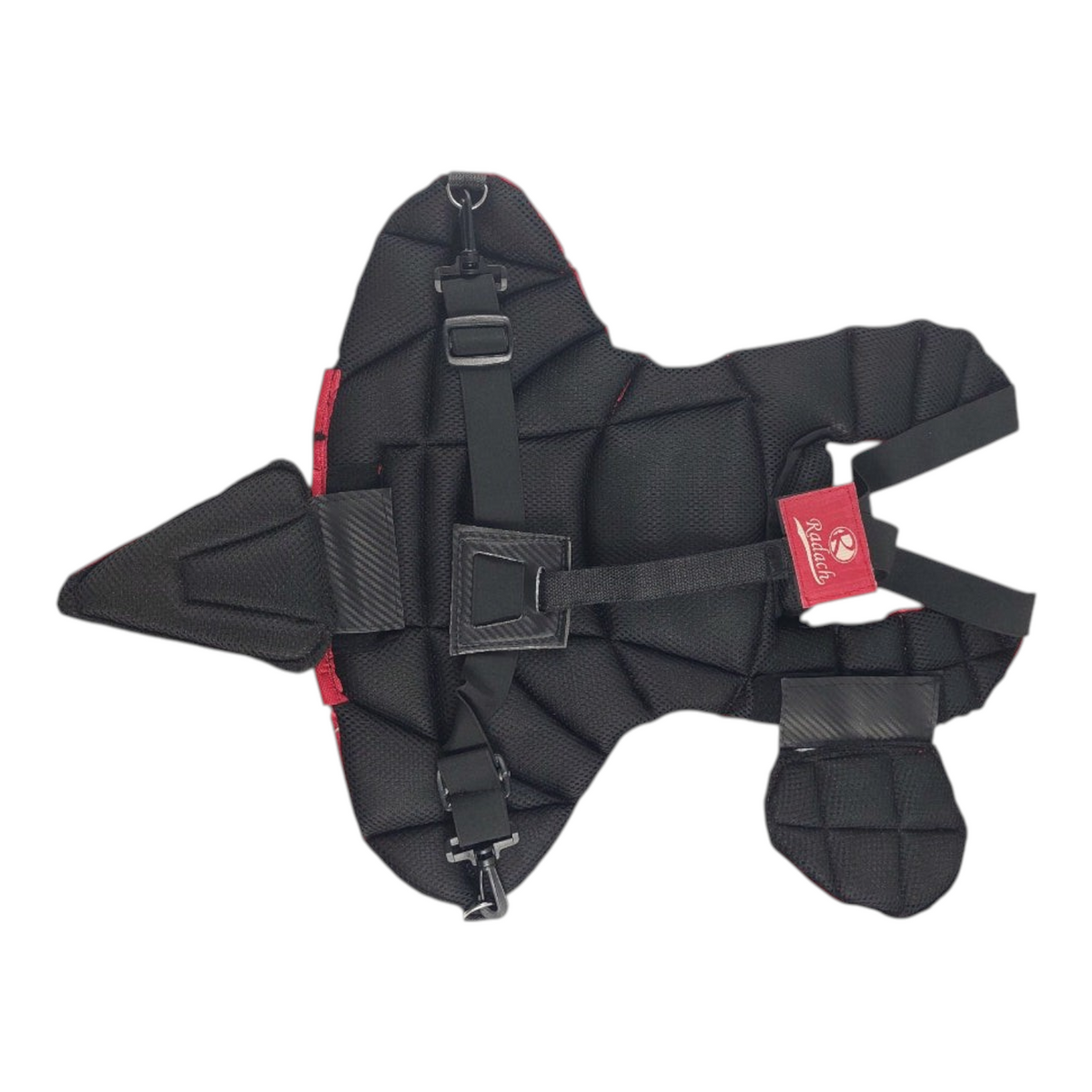 Peto de cátcher infantil Radach Sports en color rojo y negro con protección de entrepierna para béisbol y softbol