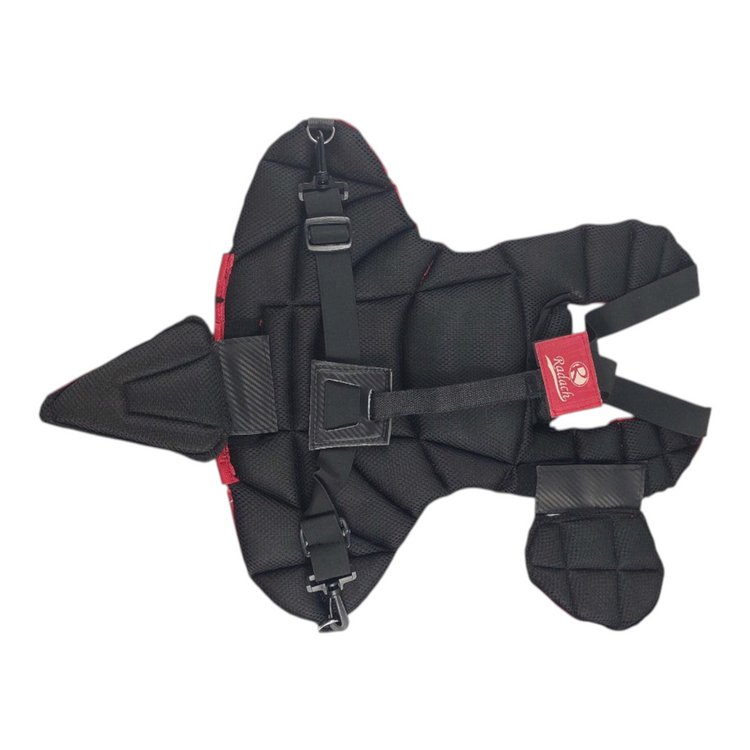 Peto de cátcher infantil Radach Sports en color rojo y negro con protección de entrepierna para béisbol y softbol