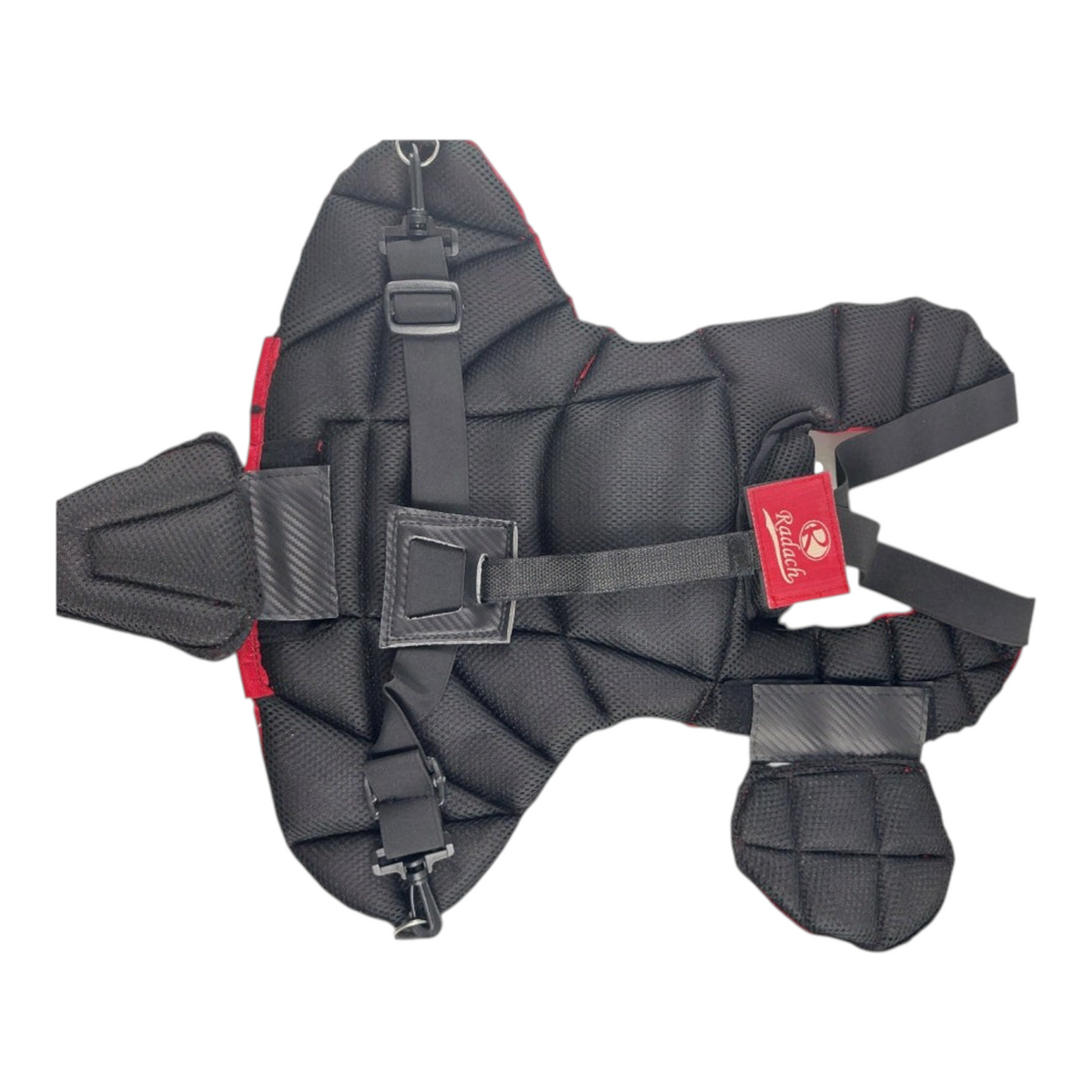 Peto de cátcher Radach Sports infantil en color rojo con protección de entrepierna y correas ajustables negras