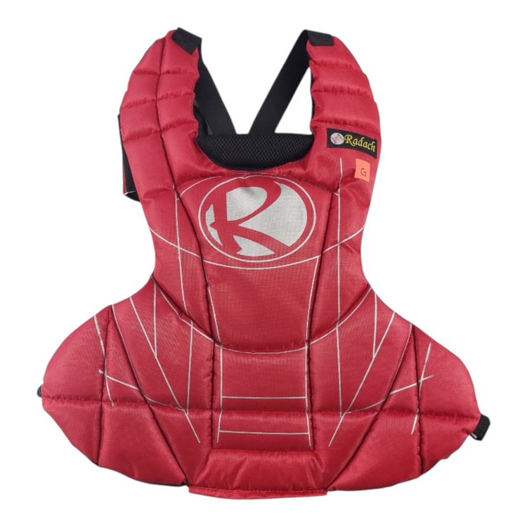 Peto de cátcher Radach Sports en color rojo, diseño acolchado para protección en béisbol y softbol, talla grande.